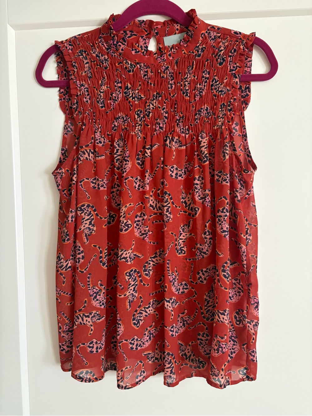 Maeve Red Leopard-Print Smocked Neck Sleeveless Top